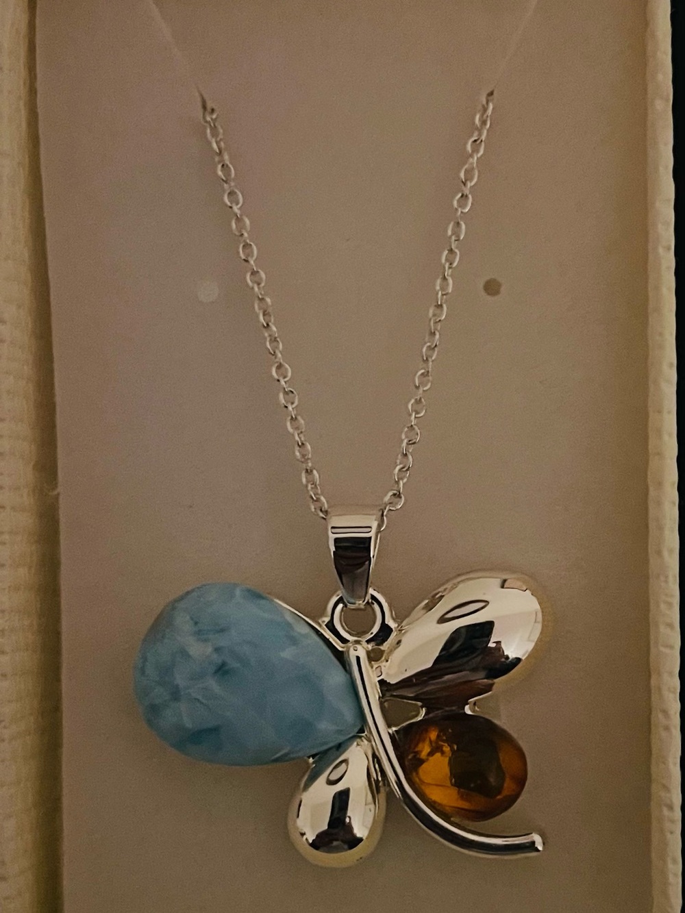 Silver Butterfly Pendant Necklace with Larimar and Amber Stones